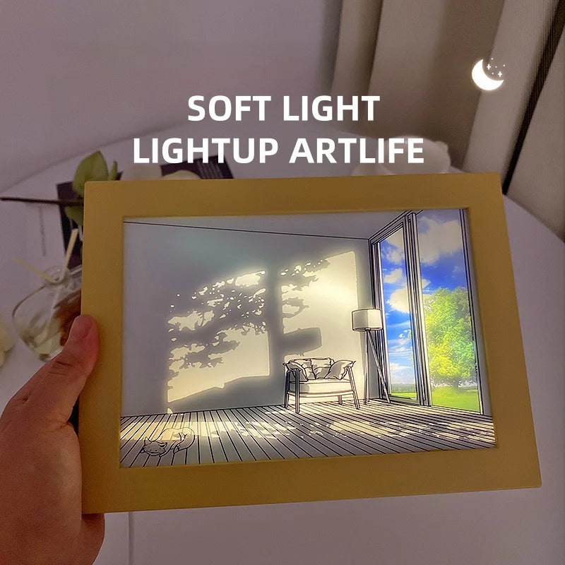 Beautiful LED Light Painting Indoor Sunlight Window Wooden Photo Light Dimming Wall Artwork Table Lamp Home Decor Night Lamp
