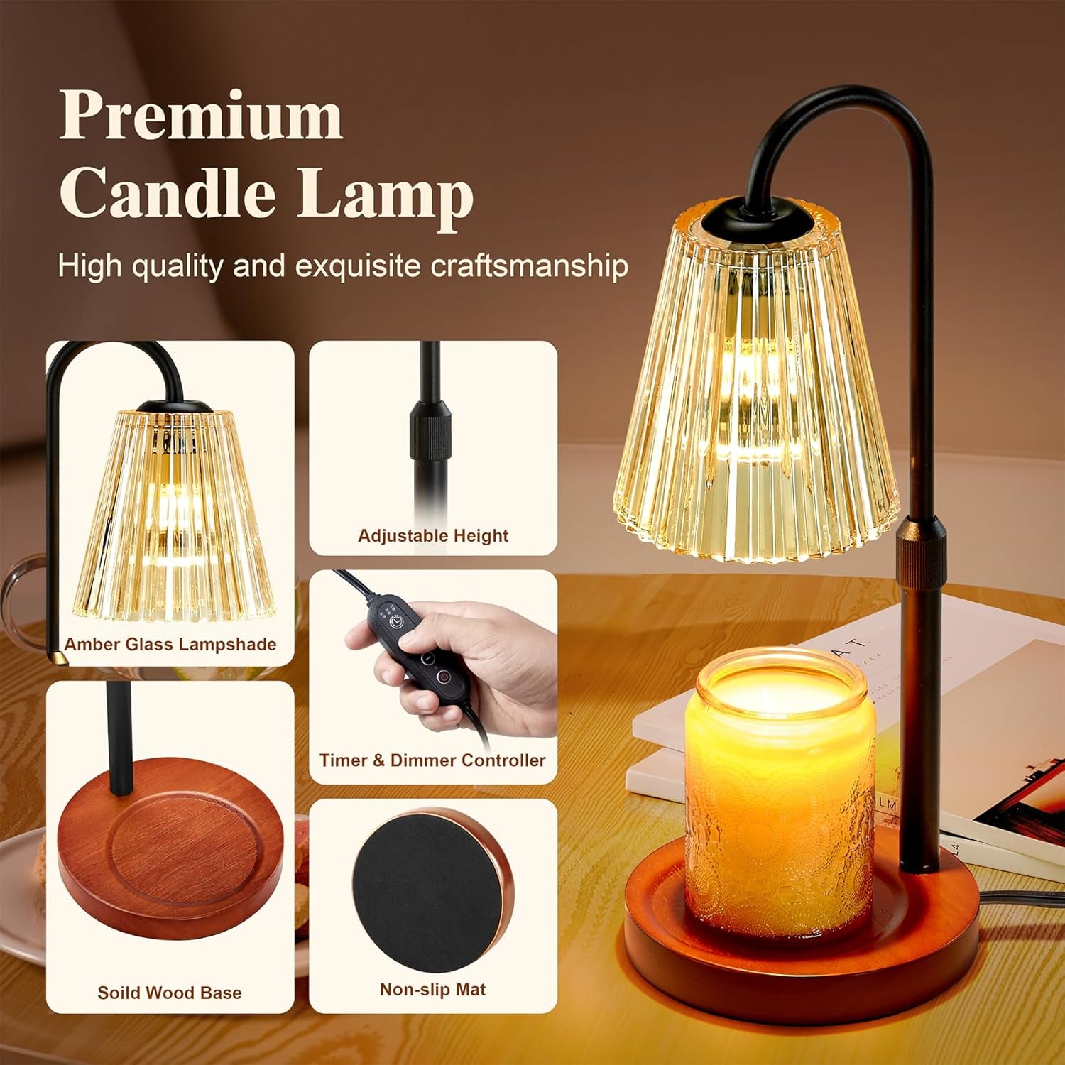 Electric Candle Warmer Lamp with Timer Dimmer, Adjustable Height Wax Melter Warmer for Jar Candles, House Warming Gifts for New Home Decor, Birthday Gifts for Women, Walnut Wooden Base