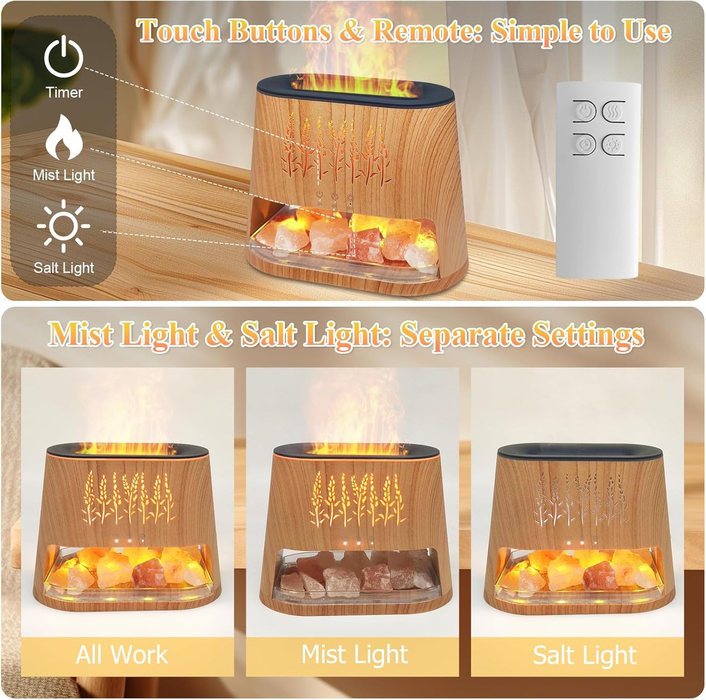Fireplace Flame Diffuser & Himalayan Salt Lamp, 8 Colors Aromatherapy Diffuser Cool Mist Humidifier with Timer Auto off Function for Home, Bedroom, Offie,Yoga