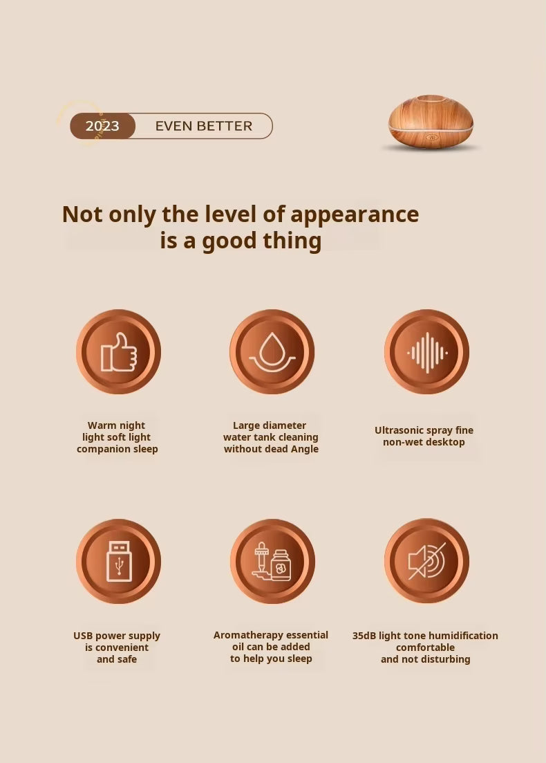 Product features with icons and text on a beige background