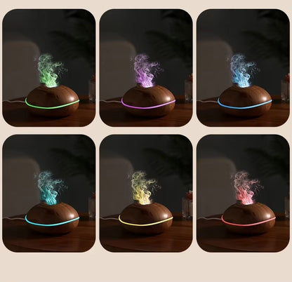 FlameGlow™ Wood Grain Aroma Diffuser - Create the calming ambiance of a real fireplace with ultrasonic aromatherapy, soothing mist, and 7-color ambient lighting.