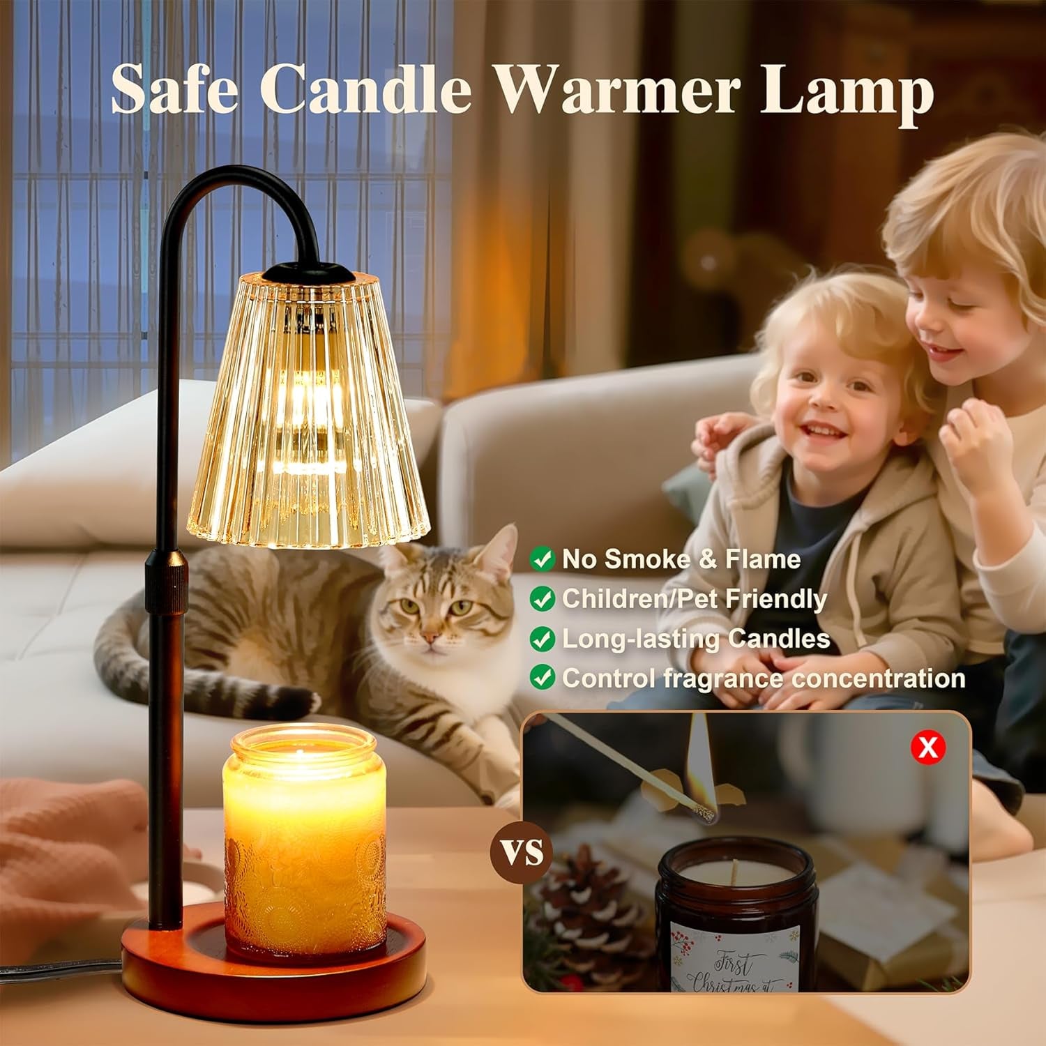 Electric Candle Warmer Lamp with Timer Dimmer, Adjustable Height Wax Melter Warmer for Jar Candles, House Warming Gifts for New Home Decor, Birthday Gifts for Women, Walnut Wooden Base