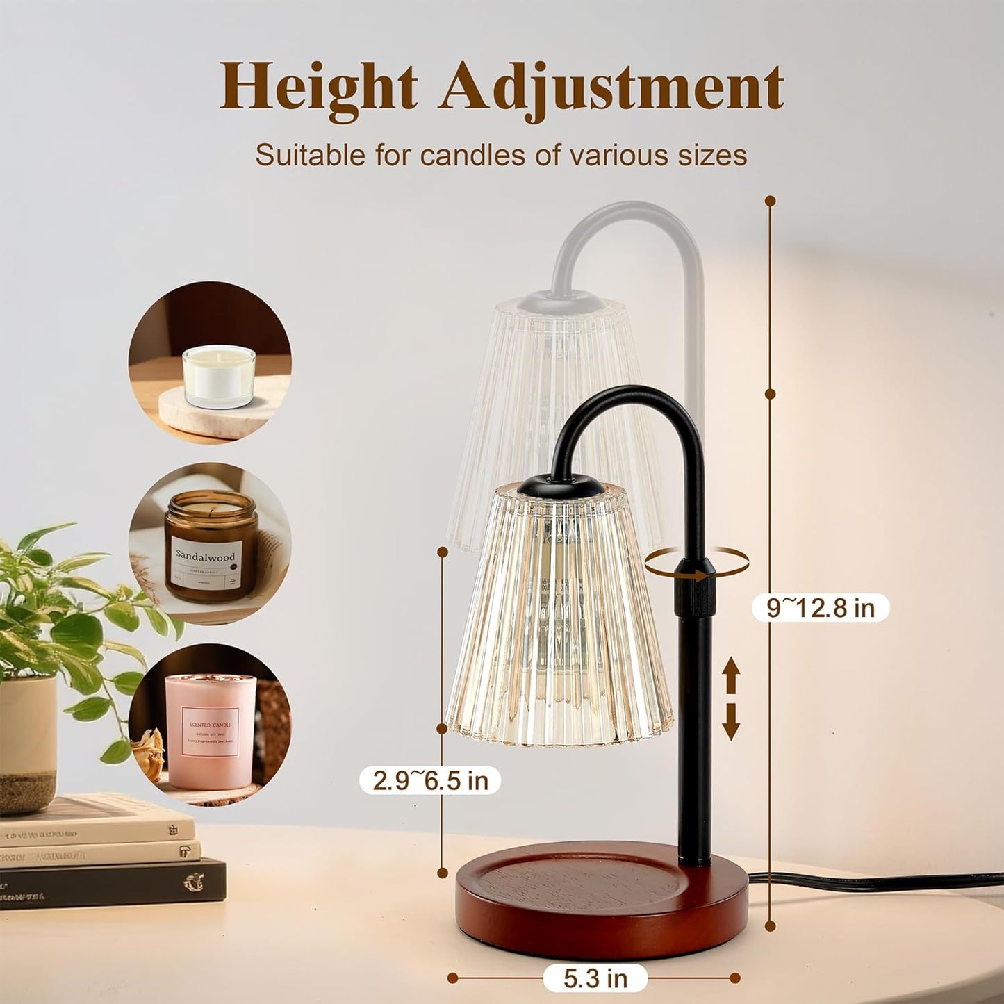 Electric Candle Warmer Lamp with Timer Dimmer, Adjustable Height Wax Melter Warmer for Jar Candles, House Warming Gifts for New Home Decor, Birthday Gifts for Women, Walnut Wooden Base