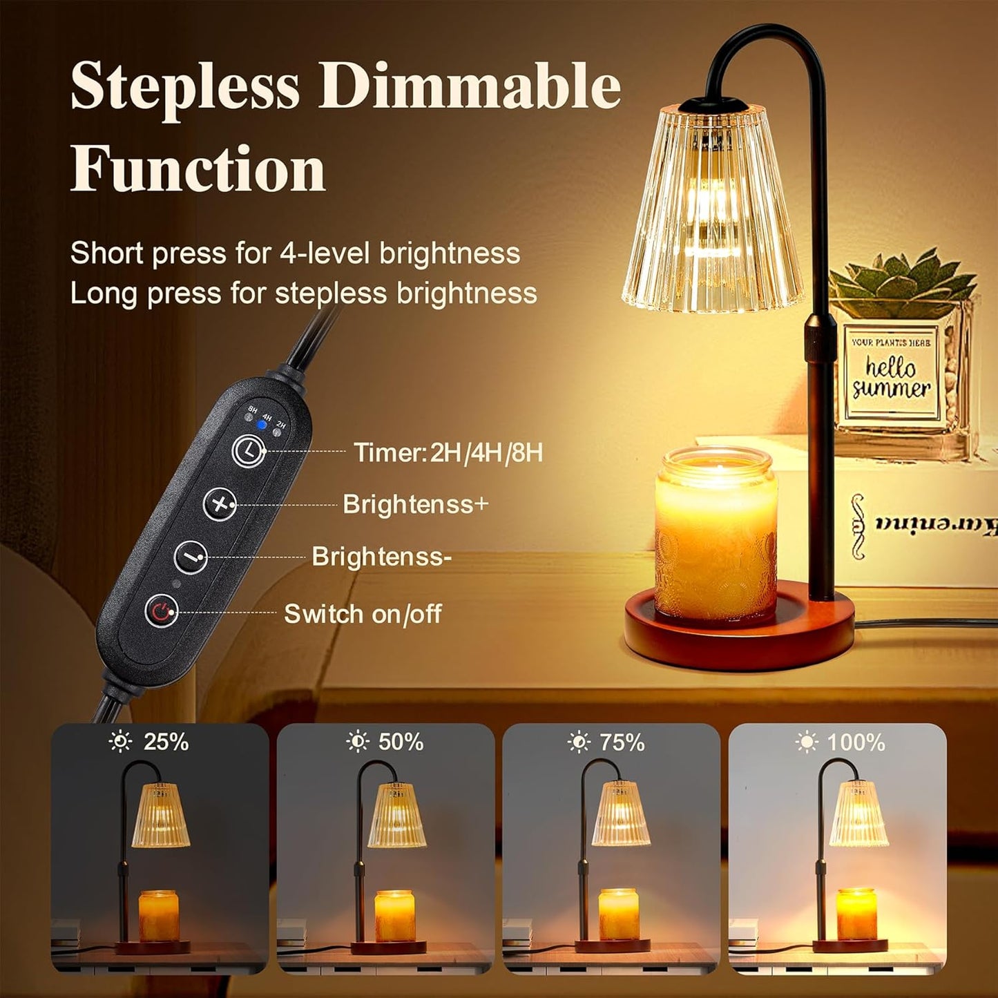 Electric Candle Warmer Lamp with Timer Dimmer, Adjustable Height Wax Melter Warmer for Jar Candles, House Warming Gifts for New Home Decor, Birthday Gifts for Women, Walnut Wooden Base